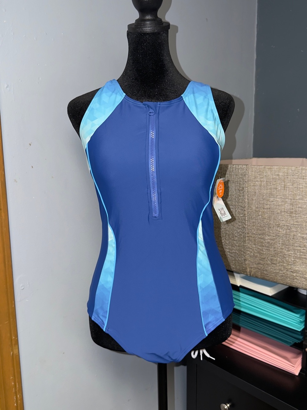 Front-Zip Athletic One-Piece Padded Swimsuit in Navy and Light Blue